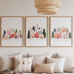 Pastel Winter Village Wall Art Set of 3 – Scandinavian Christmas Prints | Whimsical Holiday Decor
