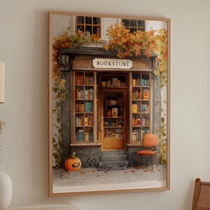 Rustic Autumn Bookstore Art - Vintage Watercolor Print with Pumpkins, Fall Foliage, and Halloween Touches