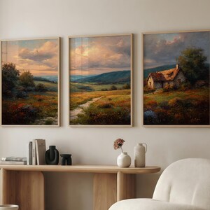 Vintage Cottagecore Landscape Triptych, Antique Countryside Oil Painting Set of 3, Rustic Farmhouse Wall Art, Golden Hour Meadow Print
