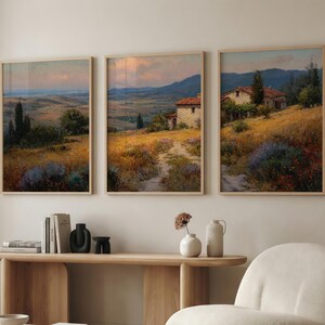 Vintage Italian Landscape Triptych Art, Rustic Farmhouse Wall Art Set of 3, Countryside Oil Painting, Warm Tuscan Summer Decor