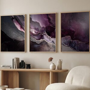 Moody Plum Noir Abstract Triptych, Deep Purple and Silver Wall Art Set of 3, Luxurious Dark Mineral Texture Print