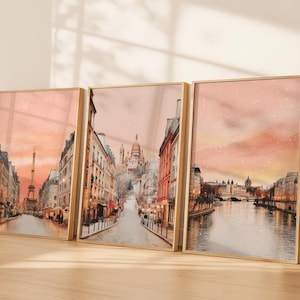 Winter in Paris Wall Art Set of 3 Prints | Romantic Pink Paris Decor | Eiffel Tower & Montmartre
