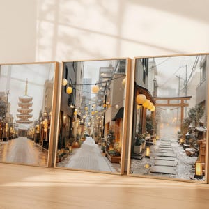 Tokyo Winter Streets Wall Art Set of 3 – Calm Japanese Lantern Prints, Asakusa Temple, Torii Path, Snowy City Photography, Digital Download