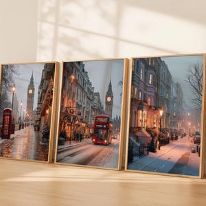 Christmas in London – Set of 3 Printable Wall Art, Holiday City Prints with Snowy Streets & Warm Lights