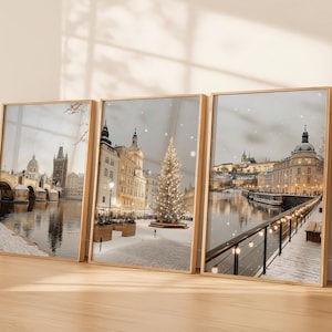 Winter in Prague Wall Art Set of 3 – Snowy European Cityscape Prints, Christmas Lights & Riverside Reflections | Travel Photography Decor