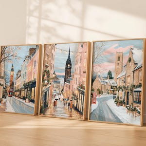 British Winter Travel Prints – London, Edinburgh & Cotswolds Christmas Wall Art Set of 3