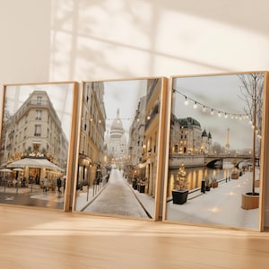 Paris Winter Wall Art Set of 3, Paris Streets with Eiffel Tower, Montmartre & Café de Flore, Printable Holiday Decor, Romantic Cityscape