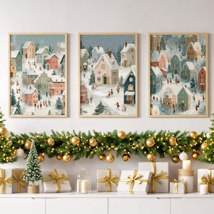 Pastel Winter Village Wall Art Set of 3 – Cozy Christmas Town Prints, Snowy House Illustration, Holiday Home Decor