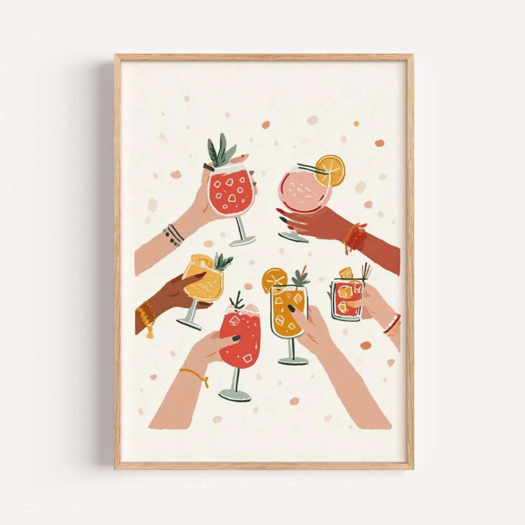 Colorful Cocktail Cheers Wall Art, Girls Night Party Illustration ...