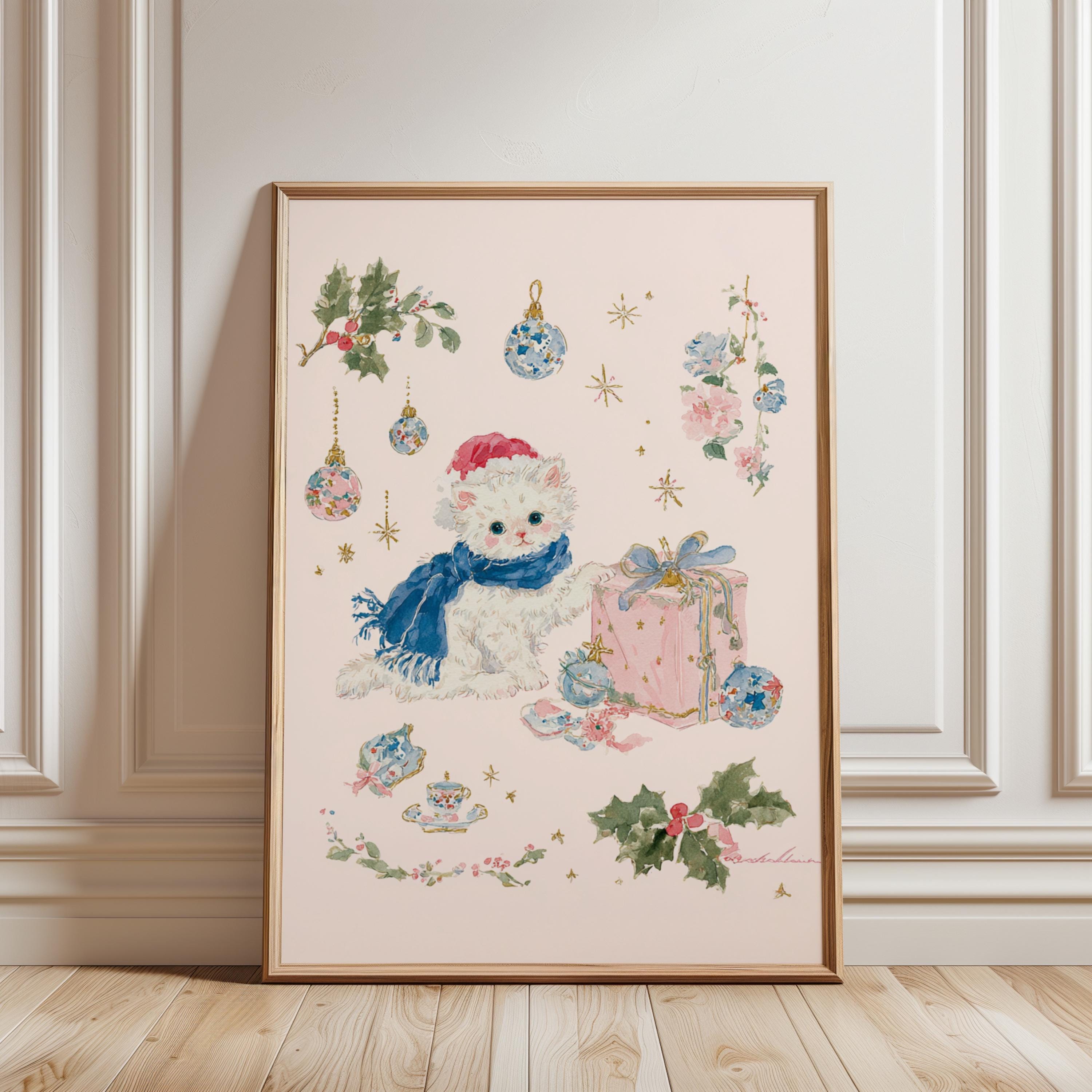 Pastel Christmas Wall Art Set of 4 – Cute Kitten Holiday Prints