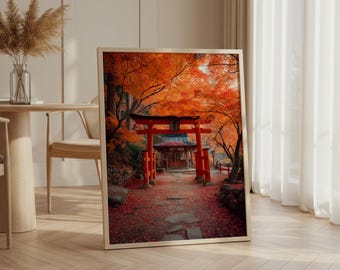Digital Japanese Shrine Posters - Red Maple Torii Gate Art, Autumn Wall Decor Set