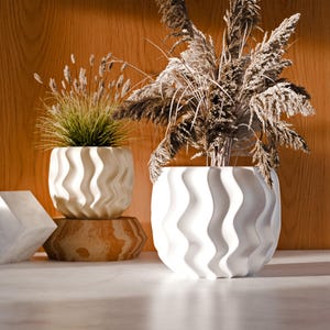 May include: Two white ceramic plant pots with a wavy design, one holding dried ornamental grass and the other with a green plant. A geometric sculpture and a wooden base are also visible. The pots are on a white surface with a wooden background.