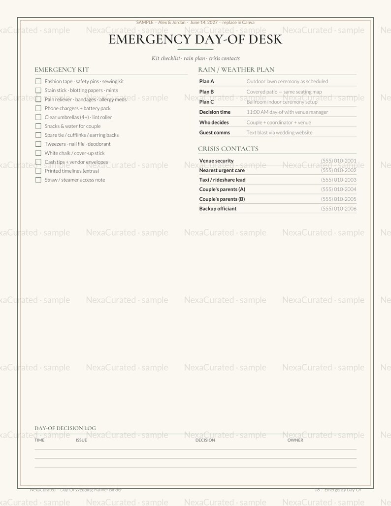 May include: A printed document titled EMERGENCY DAY-OF DESK featuring sections for an emergency kit checklist, a rain and weather plan, crisis contacts with phone numbers, and a day-of decision log with columns for time, issue, decision, and owner.