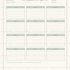 May include: A printable guest seating chart template with a cream background and sage green accents. The document features a header titled GUEST SEATING CHART, followed by twelve numbered table sections, each containing six blank lines for guest names.