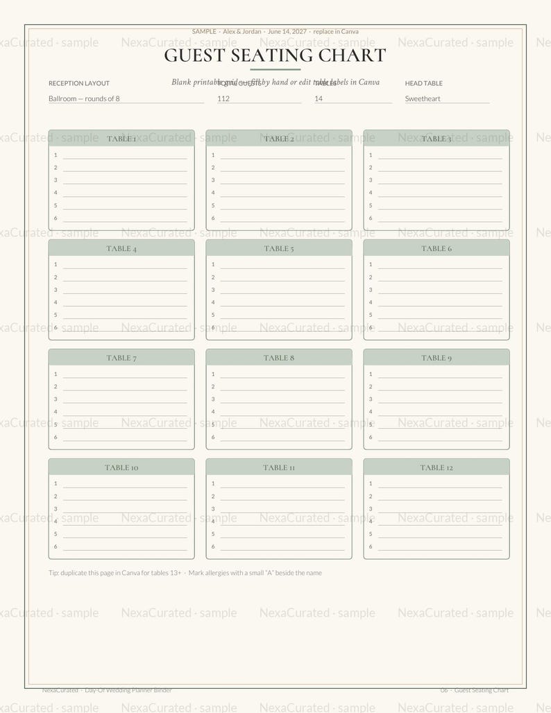 May include: A printable guest seating chart template with a cream background and sage green accents. The document features a header titled GUEST SEATING CHART, followed by twelve numbered table sections, each containing six blank lines for guest names.