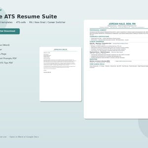 Pu&ograve; includere: Un modello digitale di Nurse ATS Resume Suite che include una lettera di presentazione e un documento di curriculum. Il testo include 'NexaCurated', 'Nurse ATS Resume Suite', 'Editable Word templates', 'ATS-safe', 'RN', 'New Grad', 'Career Switcher' e 'Instant Digital Download'.