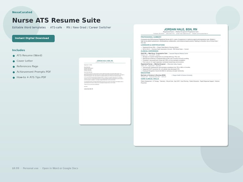 Pu&ograve; includere: Un modello digitale di Nurse ATS Resume Suite che include una lettera di presentazione e un documento di curriculum. Il testo include 'NexaCurated', 'Nurse ATS Resume Suite', 'Editable Word templates', 'ATS-safe', 'RN', 'New Grad', 'Career Switcher' e 'Instant Digital Download'.