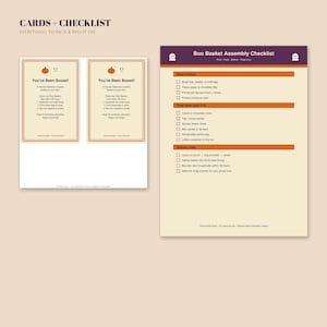 May include: A printable Halloween set featuring two 'You've Been Booed!' cards and a 'Boo Basket Assembly Checklist' with sections for basket basics, treat ideas, and delivery rules, all designed with orange, purple, and cream color accents.