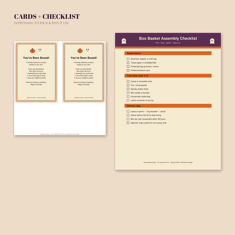 May include: A printable Halloween set featuring two 'You've Been Booed!' cards and a 'Boo Basket Assembly Checklist' with sections for basket basics, treat ideas, and delivery rules, all designed with orange, purple, and cream color accents.