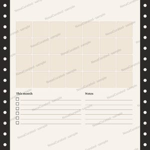 Op de afbeelding: Een beige plannerpagina met een kalenderraster bovenaan, gevolgd door een sectie met het label This month met vijf selectievakjes en lijnen, en een sectie Notes met vijf lijnen. De pagina heeft zwarte verticale zijranden.