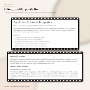 K&ouml;nnte beinhalten: Ein digitales Dokument mit dem Titel Freelance Business Templates, das Abschnitte f&uuml;r ein Serviceangebot und ein Freelance-Profil enth&auml;lt. Der Text umfasst Anweisungen zum Ausf&uuml;llen von Arbeitsb&uuml;chern und Entw&uuml;rfen f&uuml;r Kunden.
