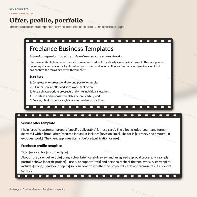 K&ouml;nnte beinhalten: Ein digitales Dokument mit dem Titel Freelance Business Templates, das Abschnitte f&uuml;r ein Serviceangebot und ein Freelance-Profil enth&auml;lt. Der Text umfasst Anweisungen zum Ausf&uuml;llen von Arbeitsb&uuml;chern und Entw&uuml;rfen f&uuml;r Kunden.