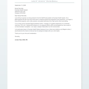 Pu&ograve; includere: Un modello di lettera di presentazione di una pagina con un'intestazione che riporta il nome Jordan Hale, BSN, RN, informazioni di contatto e un corpo della lettera formale indirizzato a un reclutatore infermieristico presso Example Health System.