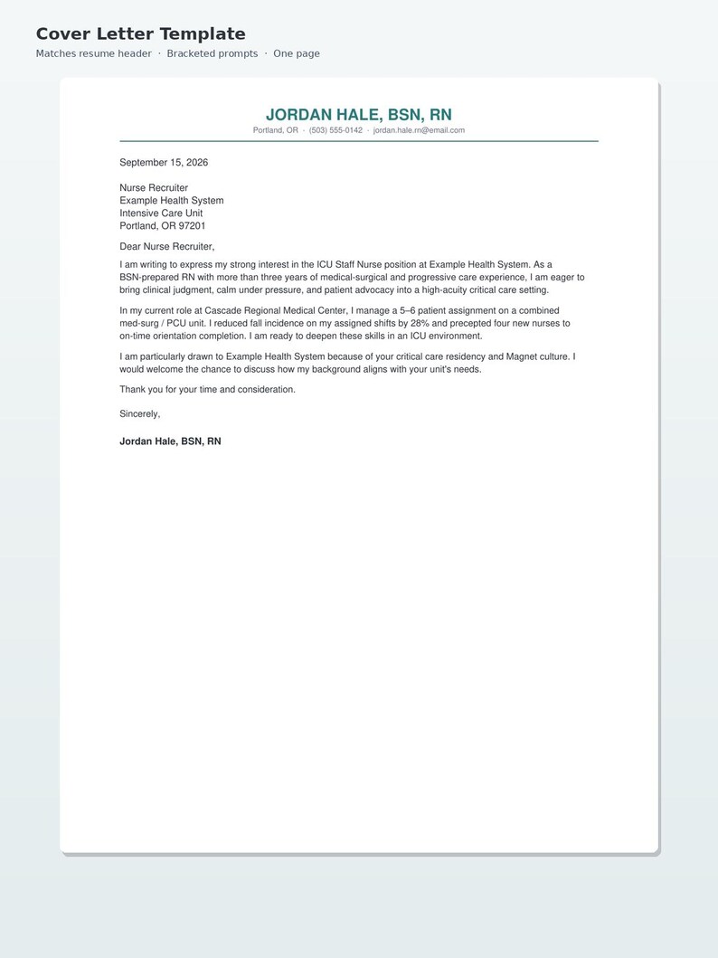 Pu&ograve; includere: Un modello di lettera di presentazione di una pagina con un'intestazione che riporta il nome Jordan Hale, BSN, RN, informazioni di contatto e un corpo della lettera formale indirizzato a un reclutatore infermieristico presso Example Health System.