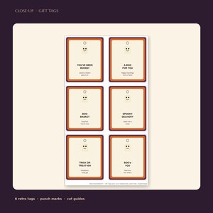 May include: A sheet of six rectangular gift tags with rounded corners, featuring a cream background, orange and purple borders, and a small ghost icon. Each tag includes text such as YOU'VE BEEN BOOED, A BOO FOR YOU, BOO BASKET, SPOOKY DELIVERY, TRICK OR TREAT-ISH, and BOO'd YOU.