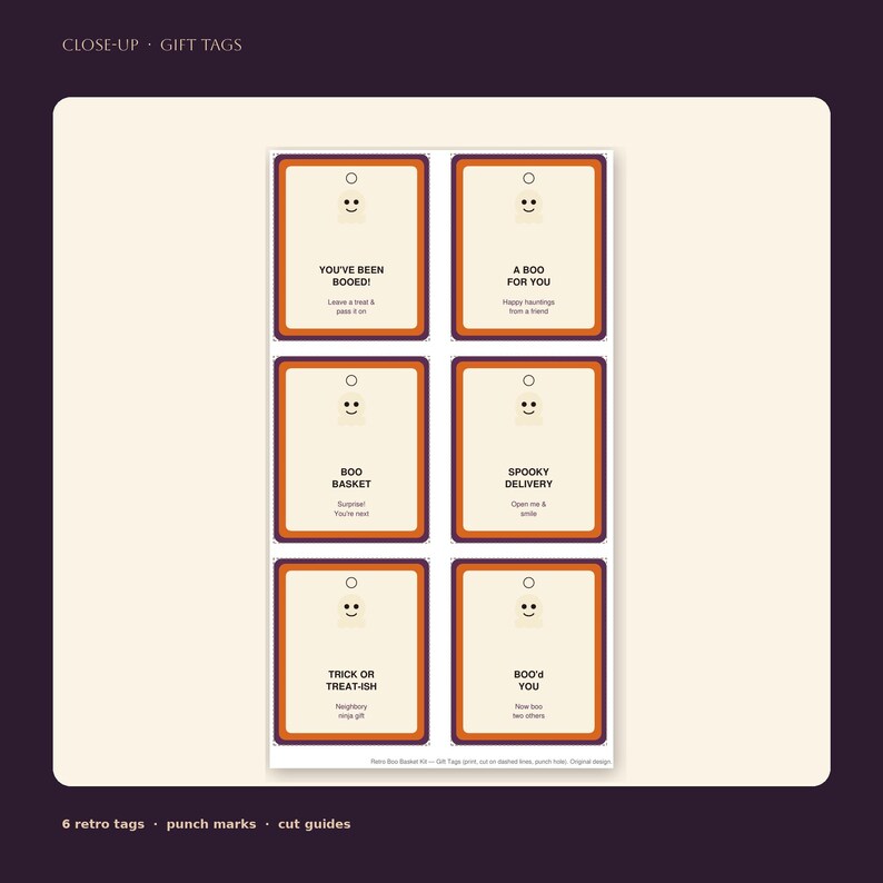 May include: A sheet of six rectangular gift tags with rounded corners, featuring a cream background, orange and purple borders, and a small ghost icon. Each tag includes text such as YOU'VE BEEN BOOED, A BOO FOR YOU, BOO BASKET, SPOOKY DELIVERY, TRICK OR TREAT-ISH, and BOO'd YOU.