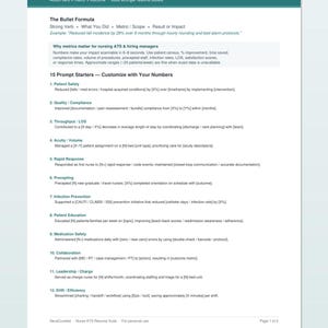 Pu&ograve; includere: Un documento bianco intitolato Quantified Achievement Prompts per infermieri. Presenta un'intestazione color ottanio, una guida alla formula per punti elenco e un elenco di 15 modelli personalizzabili per curriculum, incluse sezioni su sicurezza e qualit&agrave;.