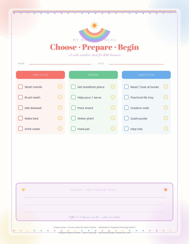 Op de afbeelding: Een afdrukbare ochtendroutine-checklist getiteld My Morning Menu: Choose, Prepare, Begin. Het bevat drie kleurgecodeerde kolommen: Care of Self in rood, Prepare in groen en Learn & Play in blauw, elk met selectievakjes en cirkels voor taken.