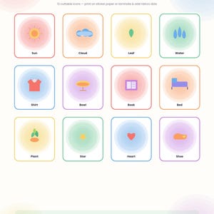 Op de afbeelding: Een digitaal vel met 12 Morning Icon Stickers in kleurrijke vierkante kaders met afgeronde hoeken. De iconen bevatten een zon, wolk, blad, water, shirt, kom, boek, bed, plant, ster, hart en schoen. De tekst luidt Morning Icon Stickers Cut Stick Celebrate.