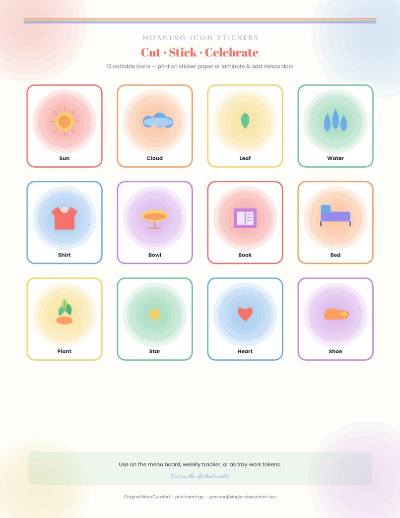Op de afbeelding: Een digitaal vel met 12 Morning Icon Stickers in kleurrijke vierkante kaders met afgeronde hoeken. De iconen bevatten een zon, wolk, blad, water, shirt, kom, boek, bed, plant, ster, hart en schoen. De tekst luidt Morning Icon Stickers Cut Stick Celebrate.