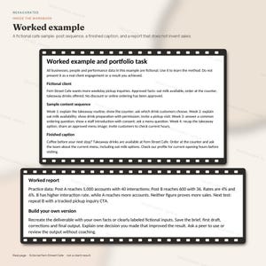 K&ouml;nnte beinhalten: Eine Arbeitsbuchseite mit dem Titel Worked example, die eine fiktive Caf&eacute;-Fallstudie zeigt. Sie enth&auml;lt eine Portfolio-Aufgabe, eine Inhaltssequenz f&uuml;r das Fern Street Cafe, eine fertige Bildunterschrift und einen Arbeitsbericht mit &Uuml;bungsdaten und Anleitungen.