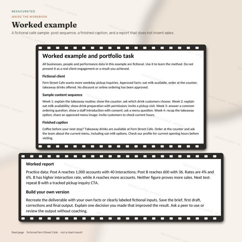 K&ouml;nnte beinhalten: Eine Arbeitsbuchseite mit dem Titel Worked example, die eine fiktive Caf&eacute;-Fallstudie zeigt. Sie enth&auml;lt eine Portfolio-Aufgabe, eine Inhaltssequenz f&uuml;r das Fern Street Cafe, eine fertige Bildunterschrift und einen Arbeitsbericht mit &Uuml;bungsdaten und Anleitungen.