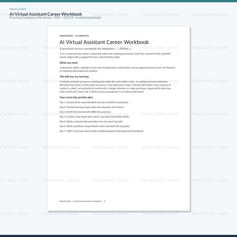 Puede incluir: Un documento blanco titulado AI Virtual Assistant Career Workbook con texto en negro. Describe un plan de pr&aacute;ctica de siete d&iacute;as para principiantes, incluyendo secciones sobre lo necesario, habilidades a aprender y tareas diarias.