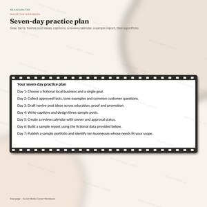 K&ouml;nnte beinhalten: Eine digitale Dokumentenseite mit dem Titel Seven-day practice plan, umrahmt von einem schwarzen Filmstreifen. Der Text beschreibt t&auml;gliche Aufgaben von Tag 1 bis Tag 7, darunter die Wahl eines fiktiven Unternehmens, das Entwerfen von Beitr&auml;gen und Berichten.