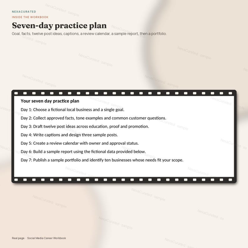 K&ouml;nnte beinhalten: Eine digitale Dokumentenseite mit dem Titel Seven-day practice plan, umrahmt von einem schwarzen Filmstreifen. Der Text beschreibt t&auml;gliche Aufgaben von Tag 1 bis Tag 7, darunter die Wahl eines fiktiven Unternehmens, das Entwerfen von Beitr&auml;gen und Berichten.