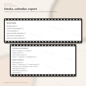 K&ouml;nnte beinhalten: Eine digitale Arbeitsmappenvorlage mit schwarzen Filmstreifenr&auml;ndern, die Textfelder f&uuml;r Markenaufnahme, Kalenderzeilen und Berichtsbl&auml;tter enth&auml;lt. Das Dokument umfasst &Uuml;berschriften wie Gesch&auml;ftsziel, Zielgruppe und Berichtszeitraum mit leeren Klammern.