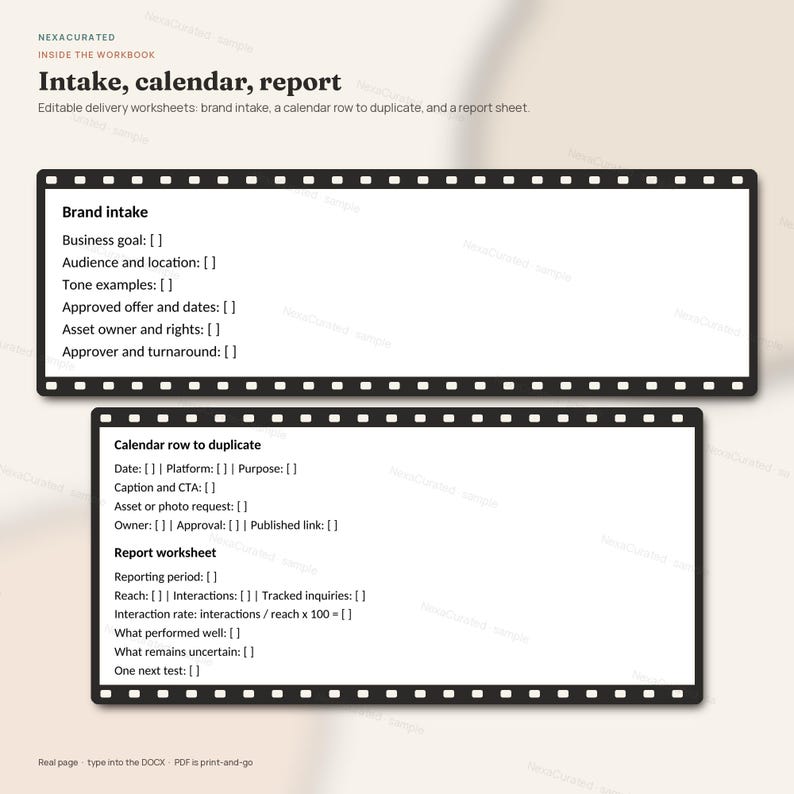 K&ouml;nnte beinhalten: Eine digitale Arbeitsmappenvorlage mit schwarzen Filmstreifenr&auml;ndern, die Textfelder f&uuml;r Markenaufnahme, Kalenderzeilen und Berichtsbl&auml;tter enth&auml;lt. Das Dokument umfasst &Uuml;berschriften wie Gesch&auml;ftsziel, Zielgruppe und Berichtszeitraum mit leeren Klammern.