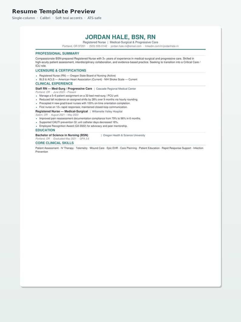 Pu&ograve; includere: Un modello di curriculum a colonna singola con accenti color verde acqua tenue e carattere Calibri. Il documento mostra le sezioni riepilogo professionale, licenze, esperienza clinica, istruzione e competenze cliniche per Jordan Hale.