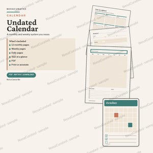 Op de afbeelding: Een ongedateerd kalendersysteem met 12 maandpagina's, week- en dagpagina's, een jaaroverzicht en PDF-formaat. De afbeelding toont meerdere vellen papier met rasterindelingen, een maandoverzicht en een pagina voor de maand oktober.