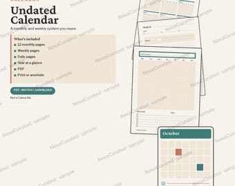 Undatierter Monats- und Wochenplaner, minimalistisches PDF-Kalendersystem, Jahresübersicht mit Tagesseiten, sofortiger Download