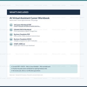 Puede incluir: Una hoja de informaci&oacute;n de producto digital titulada AI Virtual Assistant Career Workbook. Enumera cinco componentes: VA Career Workbook PDF, Editable DOCX Workbook, Business Templates PDF, Business Templates DOCX y START_HERE.txt.