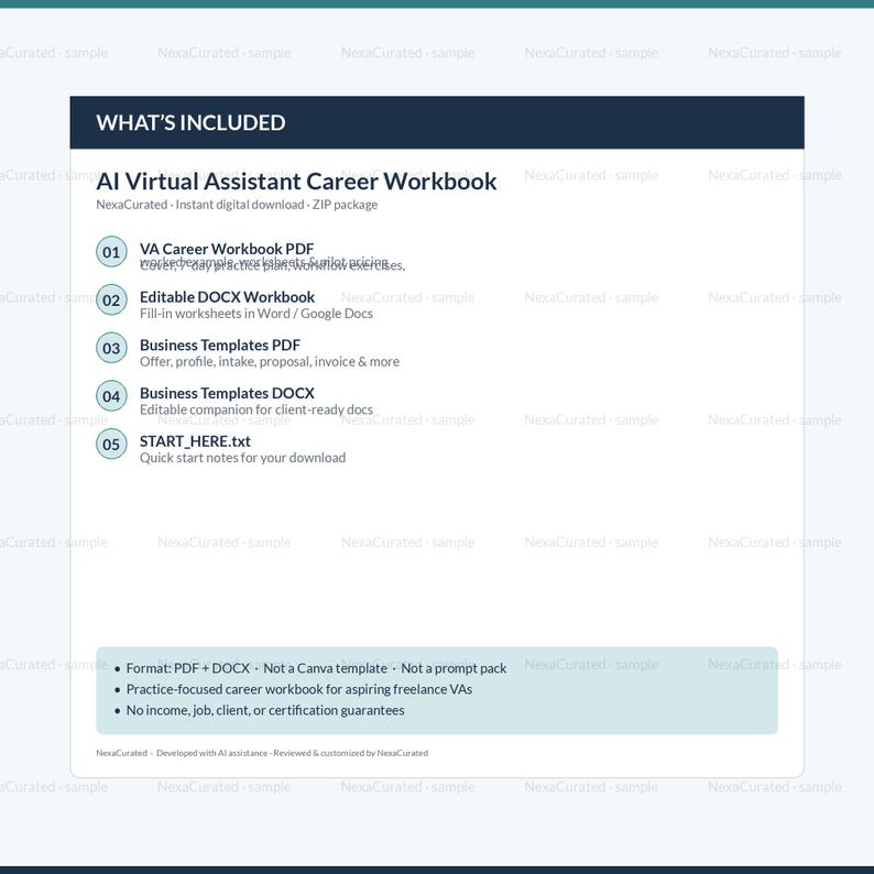 Puede incluir: Una hoja de informaci&oacute;n de producto digital titulada AI Virtual Assistant Career Workbook. Enumera cinco componentes: VA Career Workbook PDF, Editable DOCX Workbook, Business Templates PDF, Business Templates DOCX y START_HERE.txt.