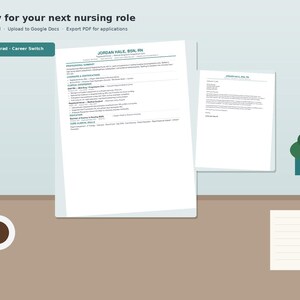 Pu&ograve; includere: Un modello di curriculum digitale intitolato Ready for your next nursing role, che presenta un documento per Jordan Hale, BSN, RN, insieme a una lettera di presentazione, un'icona di tazza di caff&egrave;, un blocco note e un elemento grafico verde e verde acqua.
