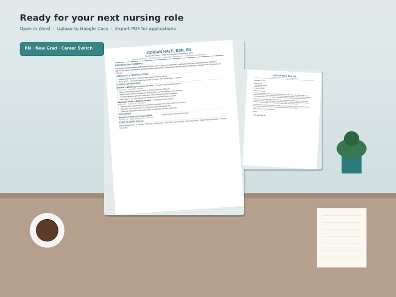 Pu&ograve; includere: Un modello di curriculum digitale intitolato Ready for your next nursing role, che presenta un documento per Jordan Hale, BSN, RN, insieme a una lettera di presentazione, un'icona di tazza di caff&egrave;, un blocco note e un elemento grafico verde e verde acqua.