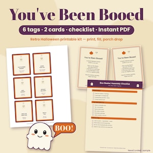 Retro Halloween Boo Basket Printable Kit, Ghost Art Gift Tags (Instant Download) image 1