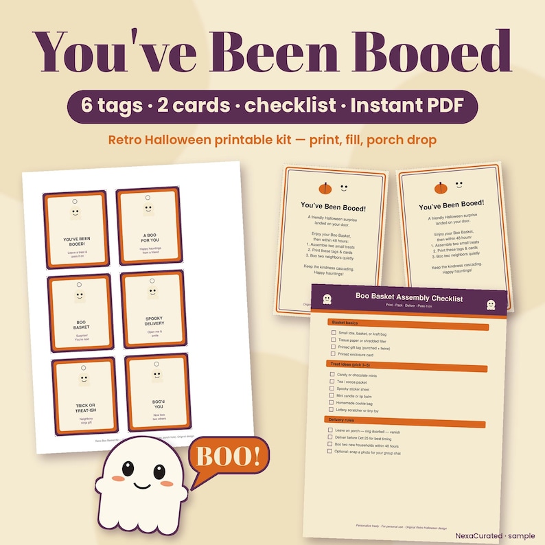 Retro Halloween Boo Basket Printable Kit, Ghost Art Gift Tags (Instant Download) image 1